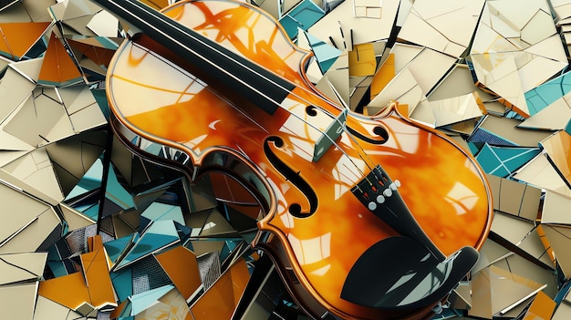 Rendering 3D de un violín tendido sobre una pila de fragmentos de espejo El violín está hecho de madera y tiene un acabado brillante