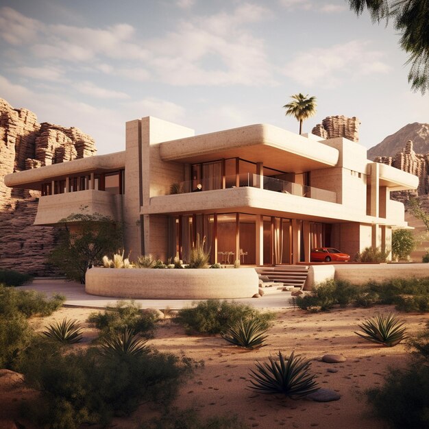 Rendering arquitectónico en 3D del diseño de la casa de la villa del acantilado