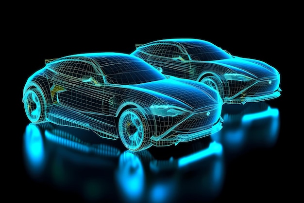 Rendering der Karosserie des autonomen Elektroautos auf der rechten Seite Digital Twin Concept 3D-Bild Generative ai