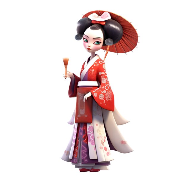 Rendering digital en 3D de una geisha japonesa con un paraguas rojo