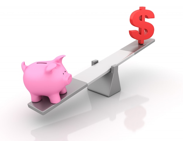 Rendering Illustration von Sparschwein und Dollarzeichen Balancing auf einer Wippe