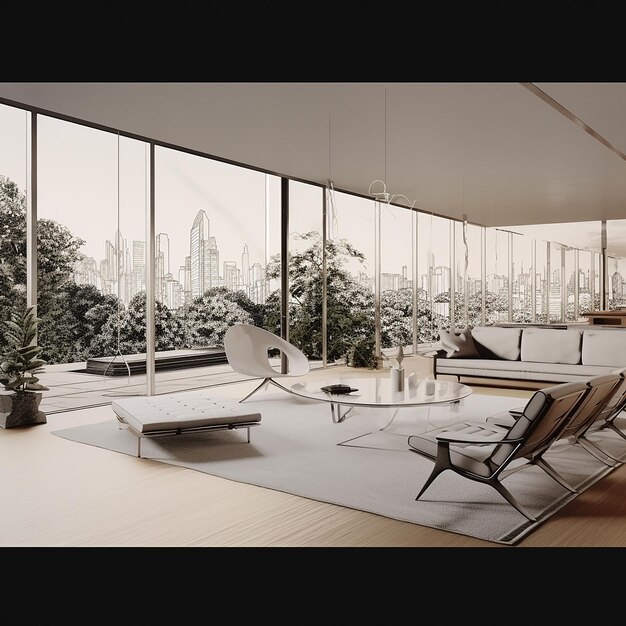 Rendering de una sala de estar interior moderna renderizada en el estilo arquitectónico de Toyo Ito