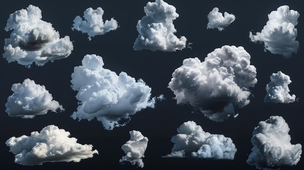 Rendering von abstrakten realistischen Wolken, die auf schwarzem Hintergrund isoliert sind, Clip Art von Wetter-Himmel-Design-Elementen