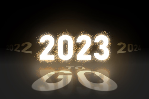 renderização 3D 2023 feliz ano novo conceito brilho de fogo dourado e decoração de texto no chão e fundo preto de reflexão
