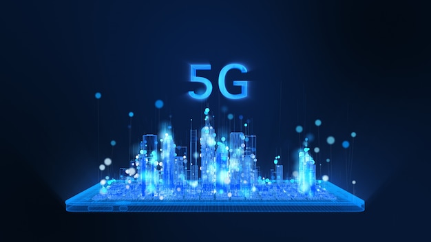 Renderização 3D, 5G, tablet digital brilhante e estrutura de arame da cidade em partículas de cores brilhantes de azul e branco, a linha de partículas da esfera sobe. Conceito de tecnologia e comunicação digital.