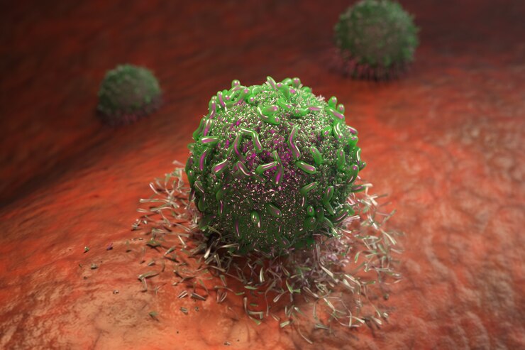 Foto renderização 3d - a célula cancerosa verde se divide ou se espalha