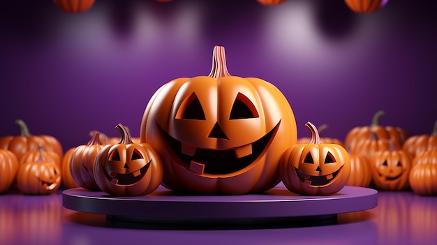 Renderização 3D Abóbora 3D para Halloween sorrindo e exposição de pódio de suporte de produto vazio em sombreado