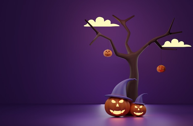 Renderização 3D. Abóboras de Halloween em uma floresta assustadora à noite