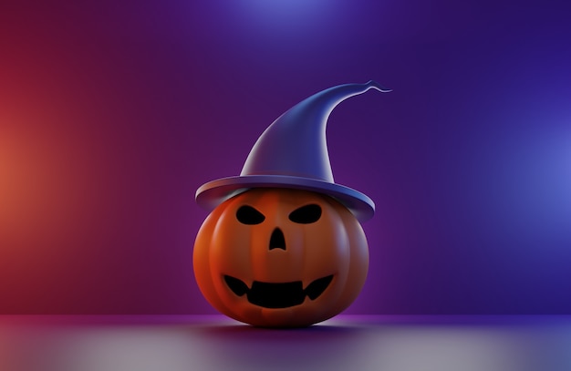 Renderização 3D. Abóboras de Halloween em uma floresta assustadora à noite