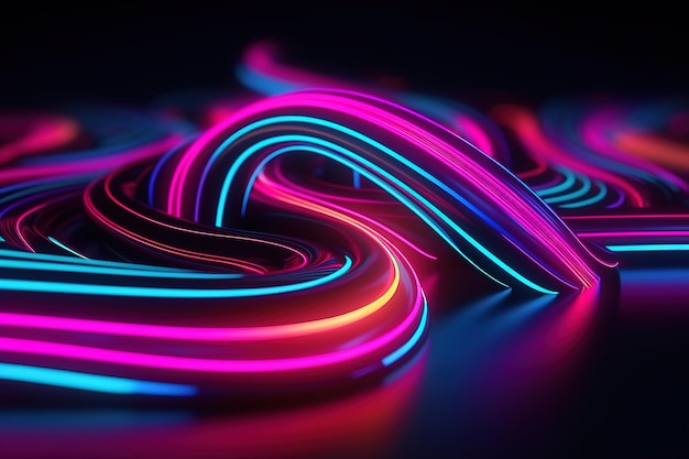 Renderização 3D abstrata com linhas neon rosa e azul brilhando no escuro Papel de parede digital UV