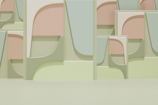 Renderização 3d abstrata, composição geométrica pastel verde e bege, design de plano de fundo.