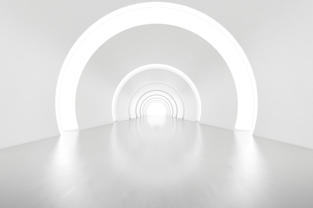 Renderização 3d abstrata da sala vazia do túnel do arco futurista com luz na parede. conceito de ficção científica.
