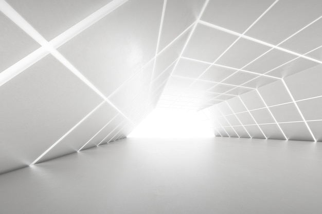 Renderização 3d abstrata da sala vazia do túnel futurista com luz na parede. Conceito de ficção científica.