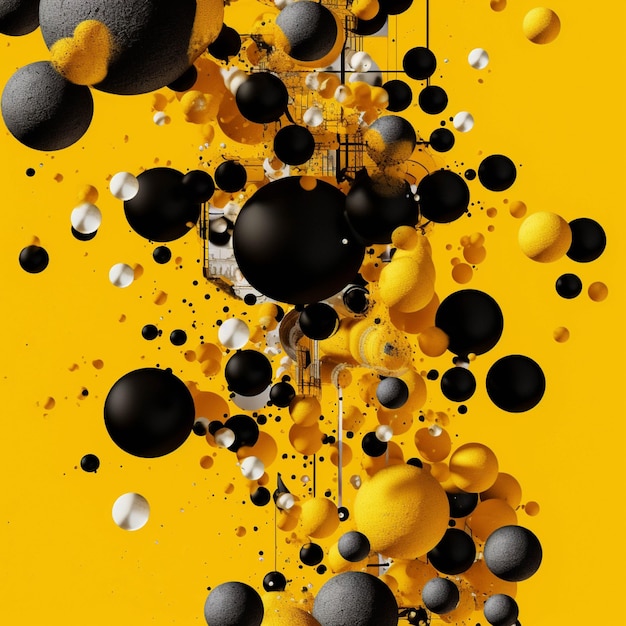 Renderização 3d abstrata de bolas pretas amarelas e laranja em um fundo amarelo