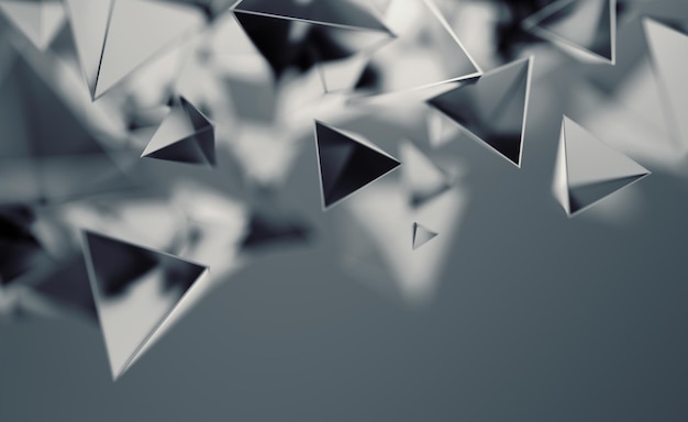 Renderização 3d abstrata de formas caóticas de baixo poli. Pirâmides poligonais voadoras no espaço vazio. Fundo futurista com efeito bokeh. Design de cartaz.