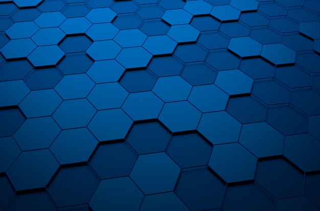 Renderização 3d abstrata de superfície futurista com hexágonos. Fundo azul da ficção científica.