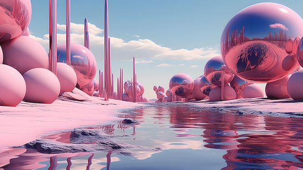 Renderização 3D abstrata do planeta rosa com muitas esferas flutuando na água