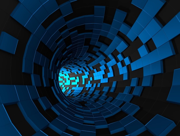 Foto renderização 3d abstrata do túnel futurista. plano de fundo com tubo de ficção científica e cubos caóticos.