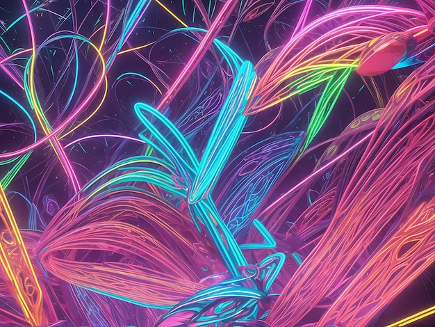Foto renderização 3d abstrata fantasia geométrica brilho linha neon fundo tons coloridos altamente detalhados