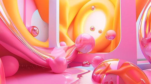 Renderização 3D abstrata rosa e laranja Sala futurista com bolas brilhantes cor-de-rosa