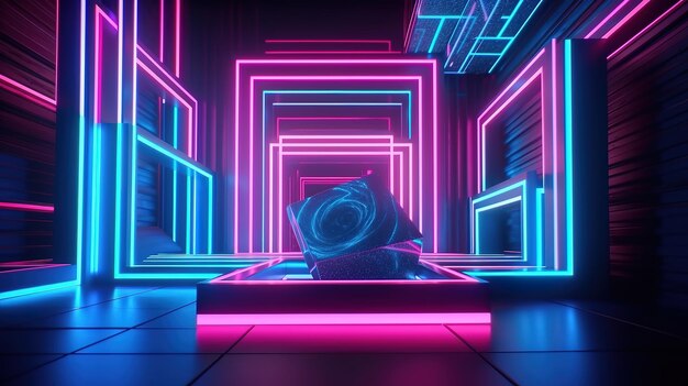 renderização 3D abstrato com forma geométrica e luz neon azul rosa Generative Ai