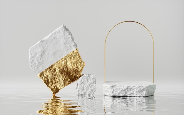 renderização 3D abstrato fundo de ouro branco com paralelepípedos e arco dourado