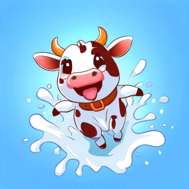 Renderização 3D Ai de uma vaca bebê feliz pulando em respingo de leite branco