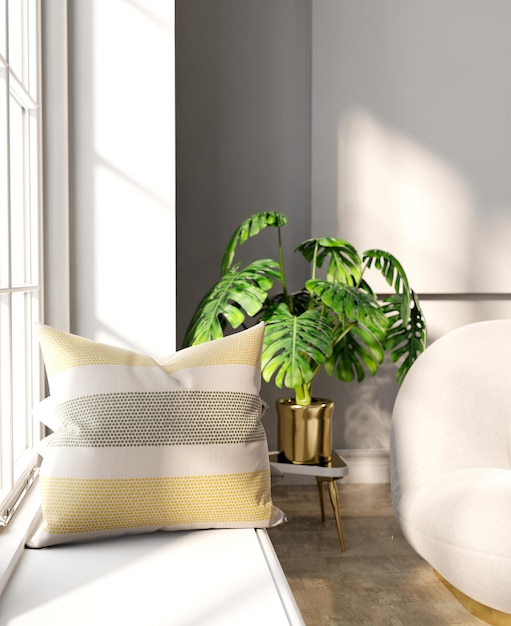 Renderização 3D almofada de sofá em quarto branco com planta