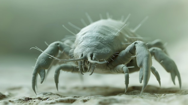 Foto renderização 3d altamente detalhada de um ácaros da poeira destacando suas características anatômicas intrincadas contra um fundo neutro para fins científicos ou educacionais