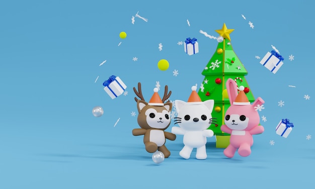 Renderização 3D animal saltando feliz com quatro caixas de presente e um floco de neve