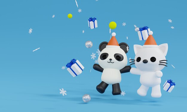 Renderização 3D animal saltando feliz com quatro caixas de presente e um floco de neve