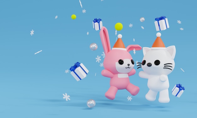 Renderização 3D animal saltando feliz com quatro caixas de presente e um floco de neve