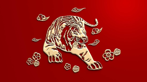 Renderização 3d ano novo chinês dourado de 2022. ano novo lunar ano do tigre