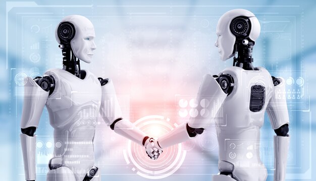 Renderização 3d aperto de mão do robô humanóide para colaborar com a tecnologia do futuro