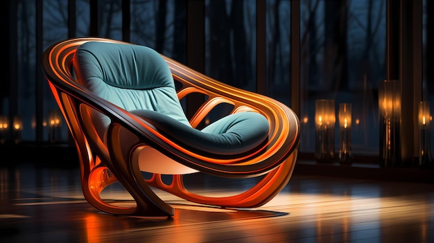 Renderização 3D atraente de uma cadeira moderna e elegante com iluminação e sombras impressionantes