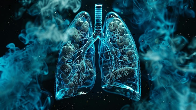 Renderização 3D azul luminoso de pulmões humanos destacando a estrutura intrincada dos sistemas respiratórios