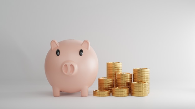 Renderização 3d. banco piggy com moedas. conceito de economia ou dinheiro, investimento no banco.