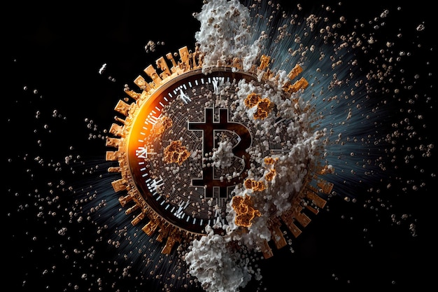 renderização 3D. Bitcoin explode como uma moeda, espalhando peças quebradas e engrenagens