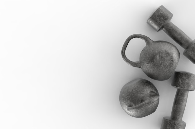 Foto renderização 3d black kettle bell e halteres para musculação