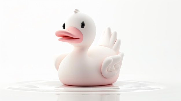 Renderização 3D bonita e simples de um pato de borracha branco flutuando na água O pato tem um bico rosa e olhos pretos