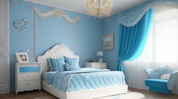 Renderização 3d, bonito, azul, vintage, criança, quarto