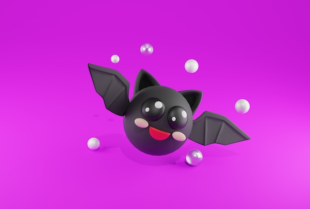 Renderização 3D Bonito morcego preto feliz em fundo violeta