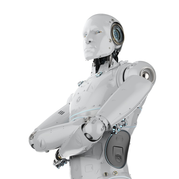 Renderização 3D braço do robô humanóide cruzado no fundo branco