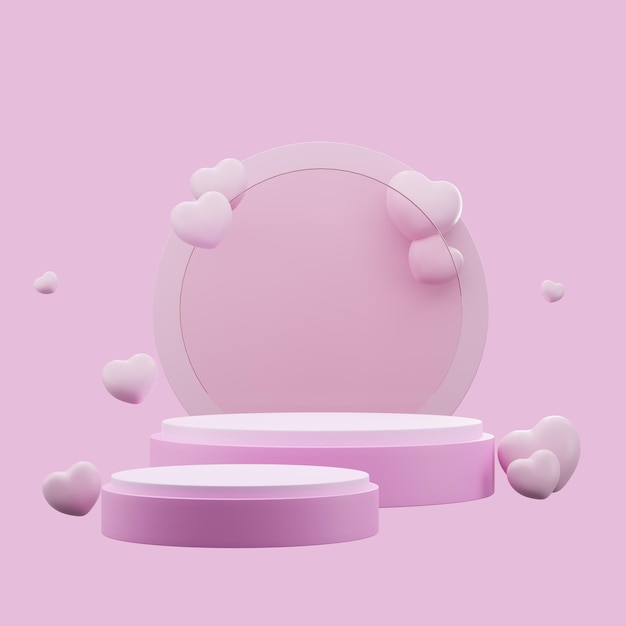 Renderização 3D Caixa em forma de coração rosa na exibição do pódio para o dia dos namorados