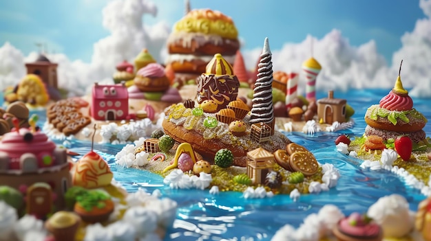 Renderização 3D caprichosa de uma terra de fantasia feita inteiramente de doces e bolos