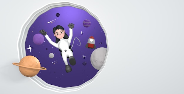 Foto renderização 3d. , cartaz do astronauta da menina dos desenhos animados do espaço. , estilo de papel , tom branco