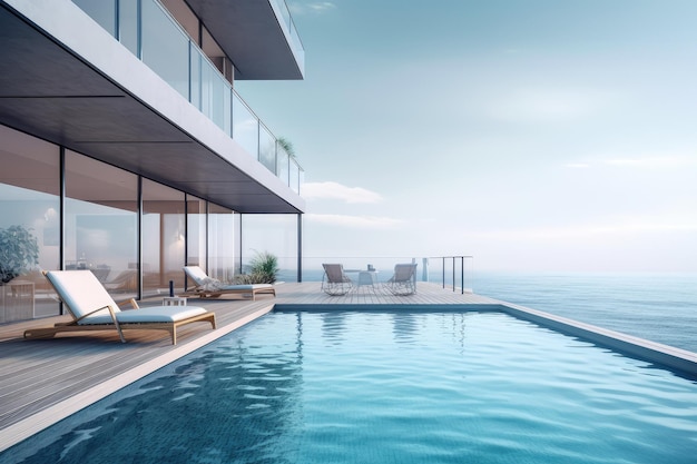 Renderização 3D Casa de praia de luxo com piscina com vista para o mar