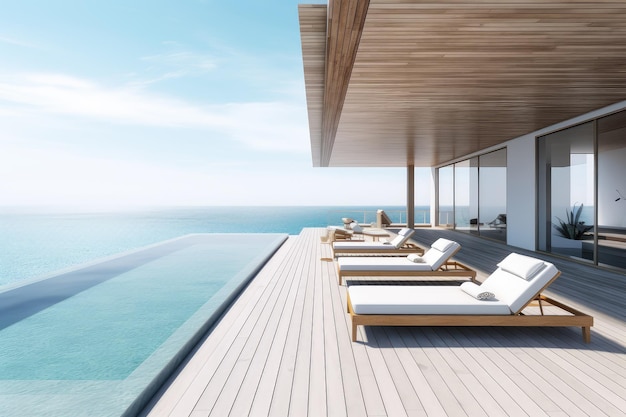 Renderização 3D Casa de praia de luxo com piscina com vista para o mar