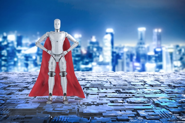 Renderização 3d ciborgue de super-herói ou robô heroína com capa vermelha