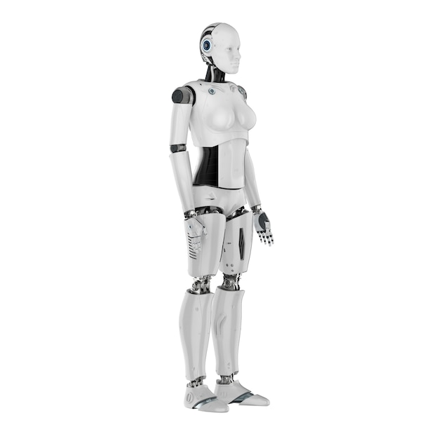 Renderização 3D ciborgue feminino ou corpo inteiro de robô isolado no branco